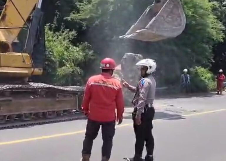 Kapolres Probolinggo Datangi Lokasi Pastikan Penyebab Jatuhnya Batu Besar di Jalan Raya Paiton