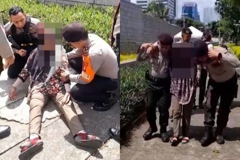 Sigap dan Humanis, Polisi Ditpamobvit Tolong Wanita Terjatuh di Depan Kedutaan AS