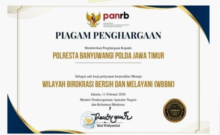 Polresta Banyuwangi Raih Penghargaan Zona Integritas Menuju WBBM Tahun 2025