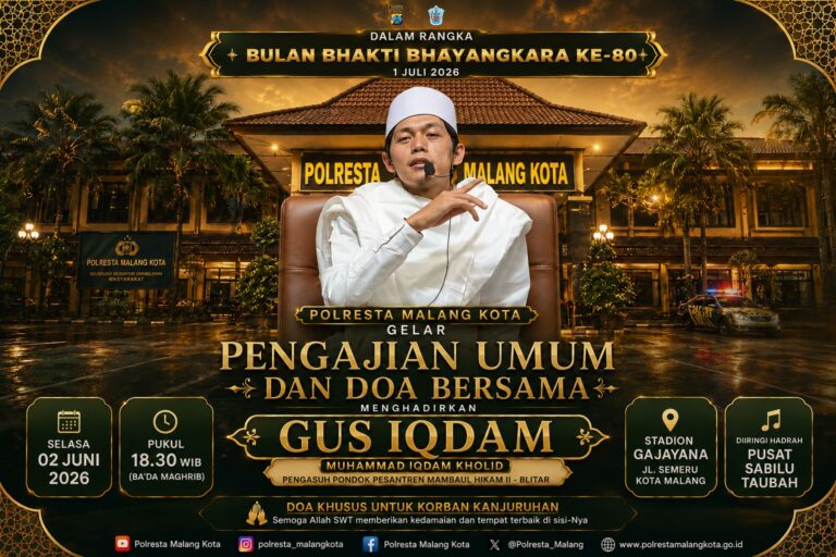 Sambut Bulan Bhakti Bhayangkara ke-80, Polresta Malang Kota Hadirkan Gus Iqdam Doa Bersama dan Pengajian Umum